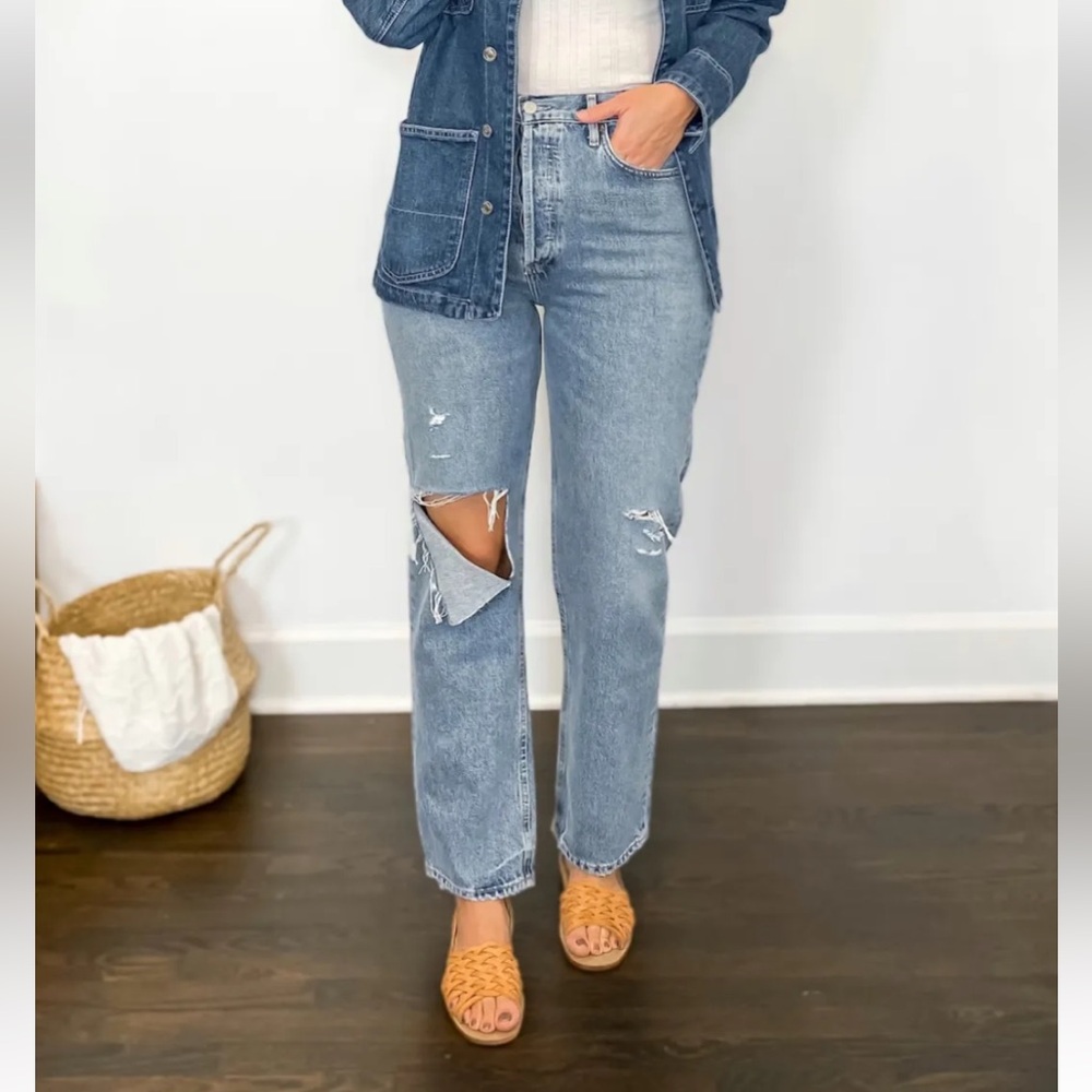 Agolde Light Blue Distressed Straight Jeans